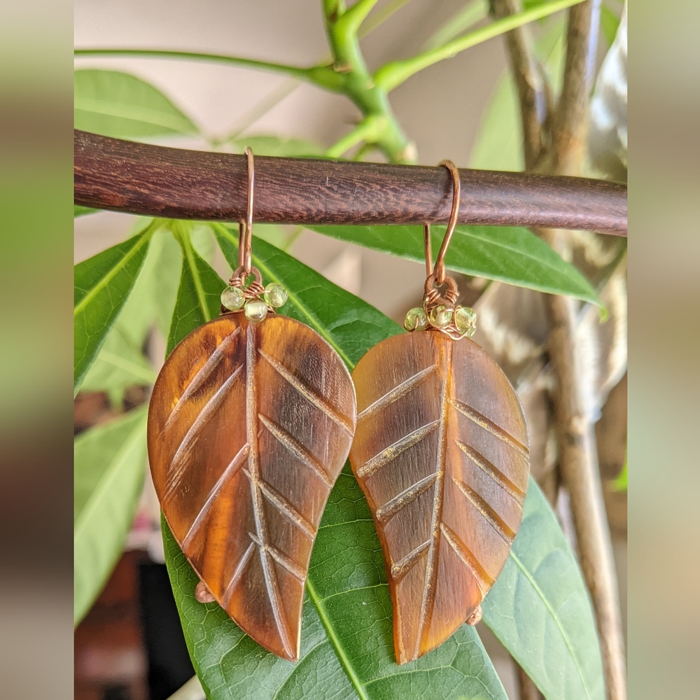 Artisan Autumn Leaf Earrings Carved Horn Hand Wrapped In Solid Copper - Picture 15 of 16